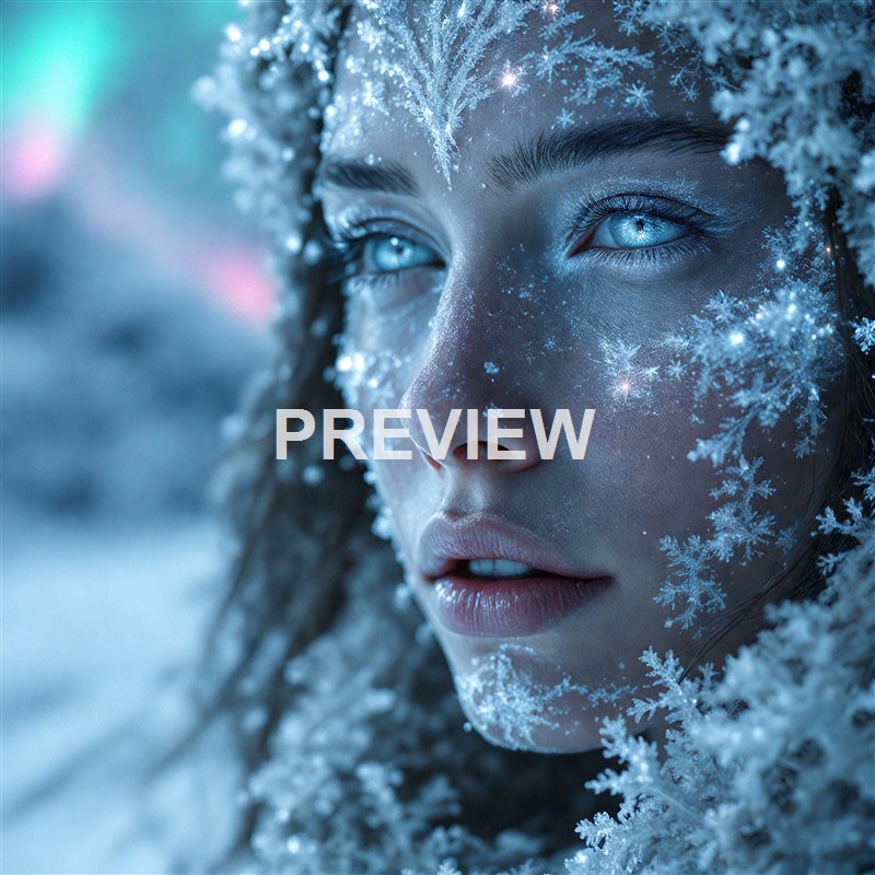 A close-up of a woman's face with icy blue eyes, surrounded by snowflakes and frost that blend into her skin and hair, creating a wintery, ethereal appearance.